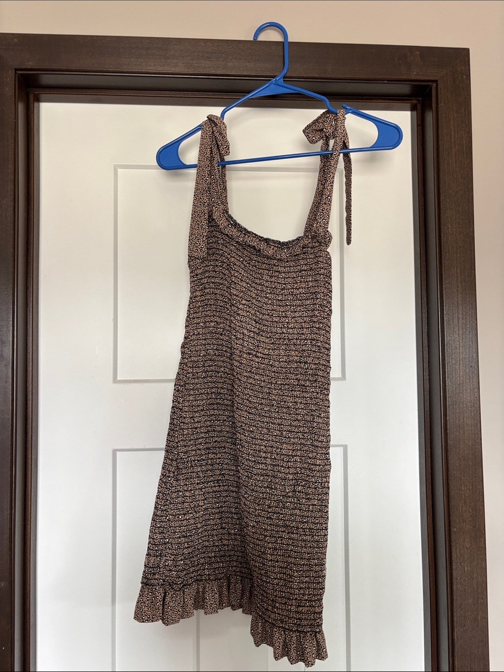 Tie-Shoulder Brown Print Ruffle-Hem Sundress
